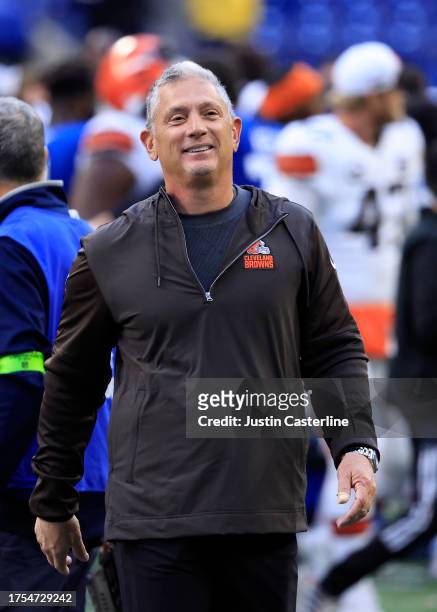 Defensive Coordinator Jim Schwartz of the Cleveland Browns walks off the field after a win over the Indianapolis Colts at Lucas Oil Stadium on...