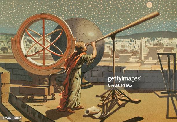 Hipparchus . Greek astronomer and mathematician. Hipparchus at the Alexandria Observatory. Drawing by J. Planella. Chromolithography. "Historia...