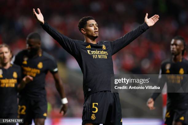 Jude Bellingham player of Real Madrid celebrates after scoring a goal during the UEFA Champions League match between SC Braga and Real Madrid at...