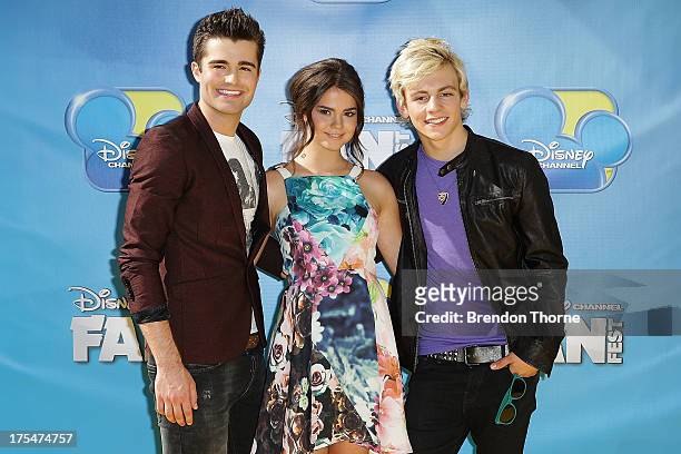 Spencer Boldman, Maia Mitchell and Ross Lynch arrives at the Australian premiere of "Teen Beach Movie" at The Entertainment Quarter on August 4, 2013...