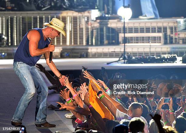 Singer/Songwriter Kenny Chesney performs during Kenny Chesney's No Shoes Nation on Zac Brown's Southern Ground Tour at the Georgia Dome on August 3,...