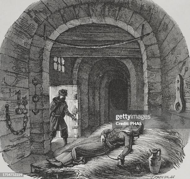 Interior of a prison in Austria . Engraving by J. Facnion. "Los Heroes y las Grandezas de la Tierra" . Volume VI. 1856.