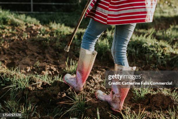 close-up of a child wearing glittery wellington boots and squelching through thick mud in a field - stomp stock pictures, royalty-free photos & images