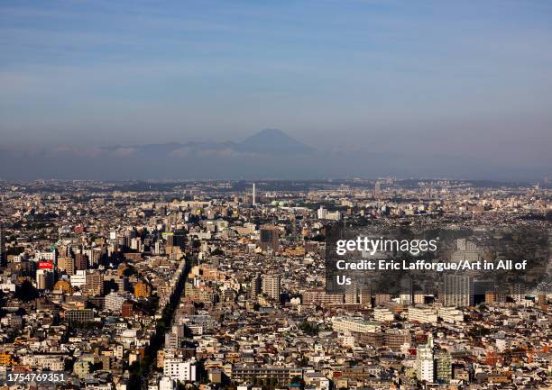 Aerial view of the city and mount Fuji, Kanto region, Tokyo, Japan on September 2, 2023 in Tokyo, Japan.