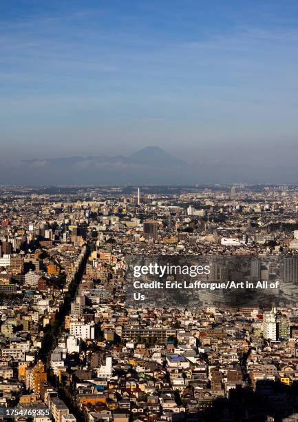 Aerial view of the city and mount Fuji, Kanto region, Tokyo, Japan on September 2, 2023 in Tokyo, Japan.