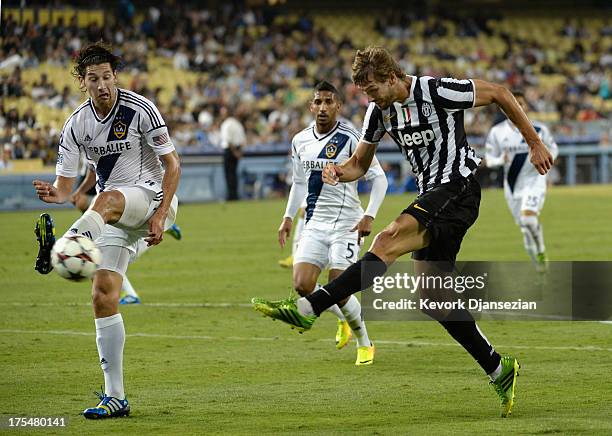 Fernando Llorente of Juventus takes a shot on goal as Omar Gonzalez of the Los Angeles Galaxy defends during the second half of the 2013 Guinness...