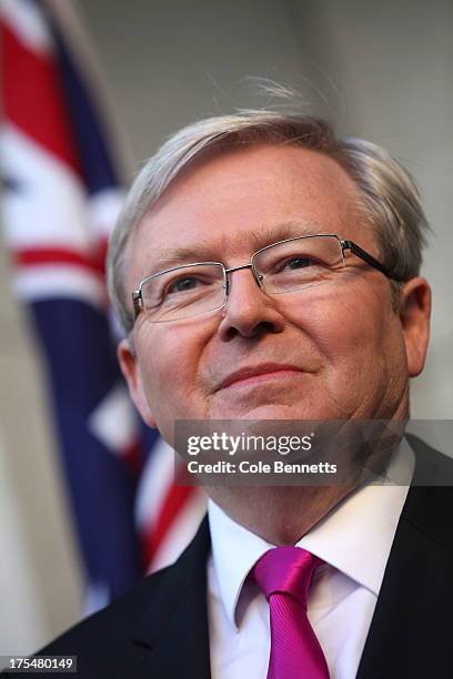 Australian Prime Minister Kevin Rudd attends a press conference at Parliament House on August 04, 2013 in Canberra, Australia. Labour party leader...