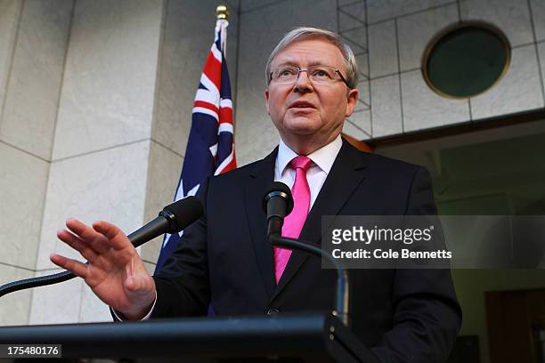 Australian Prime Minister Kevin Rudd Gives a press conference at Parliament House, after calling a general election for September 7. Labour party...