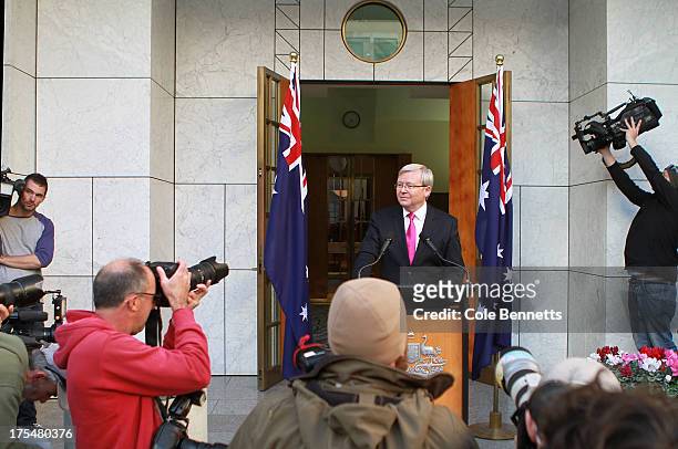 Australian Prime Minister Kevin Rudd attends a press conference at Parliament House on August 04, 2013 in Canberra, Australia. Labour party leader...