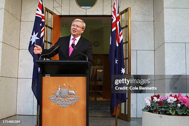 Australian Prime Minister Kevin Rudd attends a press conference at Parliament House on August 04, 2013 in Canberra, Australia. Labour party leader...