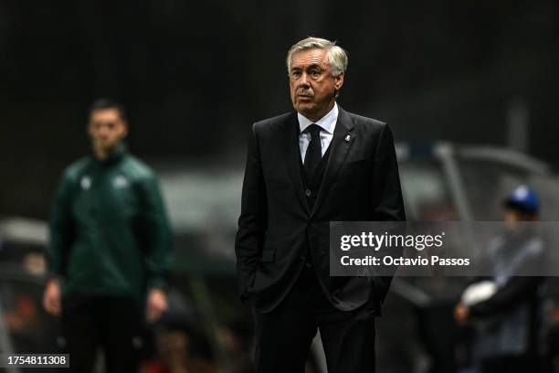 Head coach, Carlo Ancelotti of Real Madrid looks during the UEFA Champions League match between SC Braga and Real Madrid at Estadio Municipal de...
