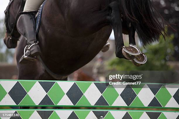 horse clearing a jump at an equestrian event - horse hoof stock pictures, royalty-free photos & images