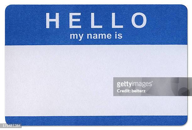 blue hello sticker template in white background - identiteit stockfoto's en -beelden