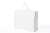 Isolated shot of white blank shopping bag on white background