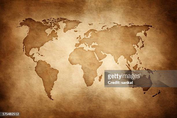 aged style world map, paper texture background - old world map stockfoto's en -beelden