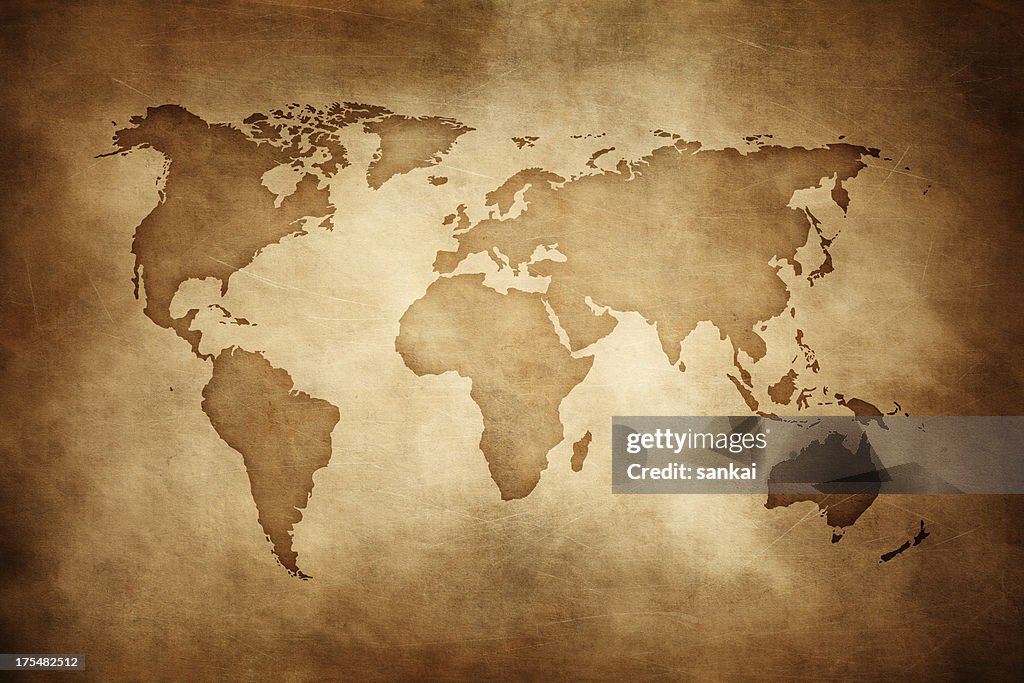 Aged style world map, paper texture background