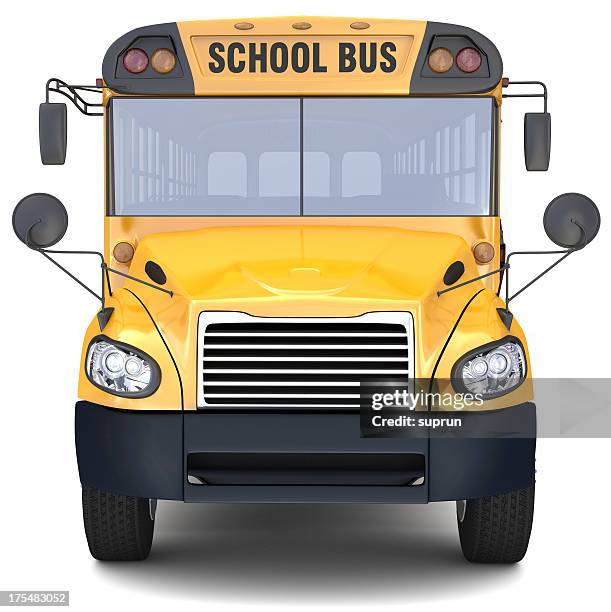 close-up of front of yellow school bus on white background - schoolbus front stock pictures, royalty-free photos & images