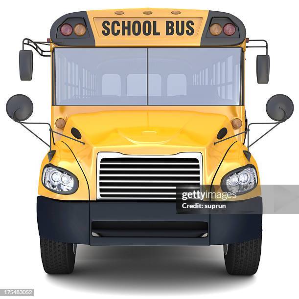 close-up of front of yellow school bus on white background - bus front stock pictures, royalty-free photos & images