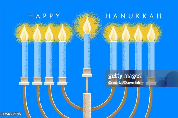 happy hanukkah greeting design with menorah and lit candles - holy fire clip art stock illustrations
