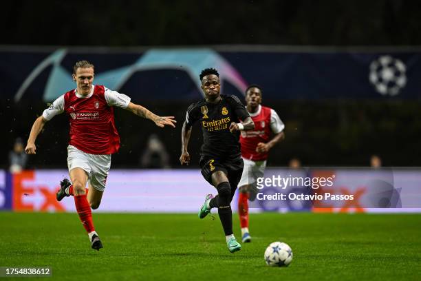Vinícius Júnior of Real Madrid in action during the UEFA Champions League match between SC Braga and Real Madrid at Estadio Municipal de Braga on...