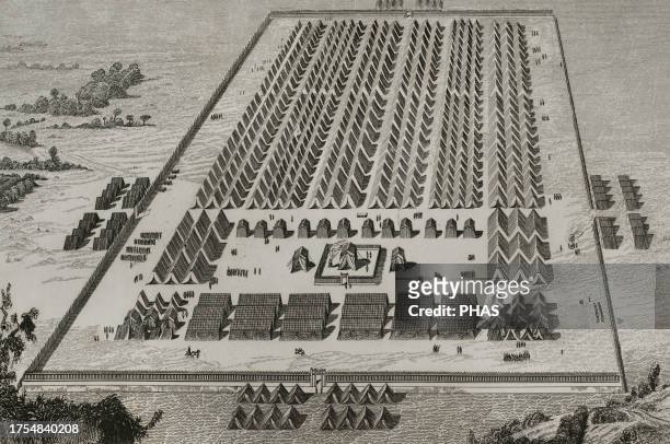 Ancient Age. A Roman camp at the time of the Roman invasion of Spain. Engraving by Antonio Roca. Las Glorias Nacionales. Volume I, Madrid-Barcelona...