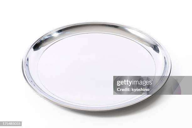 isolated shot of silver tray on white background - tray stock pictures, royalty-free photos & images