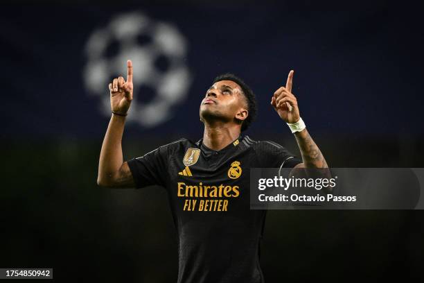 Rodrygo of Real Madrid celebrates after scoring the team's first goal during the UEFA Champions League match between SC Braga and Real Madrid at...