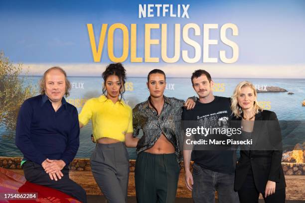 Philippe Katerine, Manon Bresch, Adele Exarchopoulos, Felix Moati and Melanie Laurent attend the "Voleuses" Netflix Premiere at Cinema Pathe Wepler...