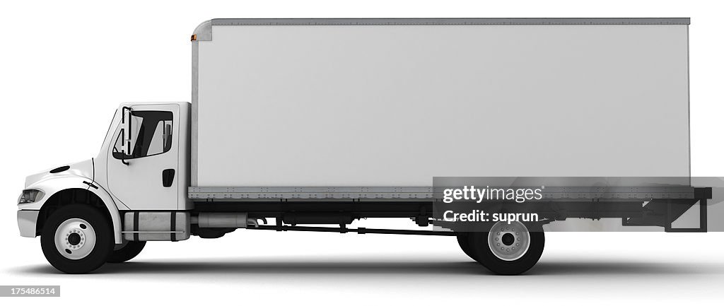 3D white side view of a delivery truck