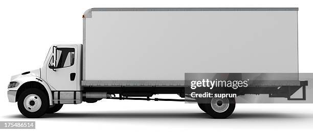 3d white side view of a delivery truck - white truck stock pictures, royalty-free photos & images