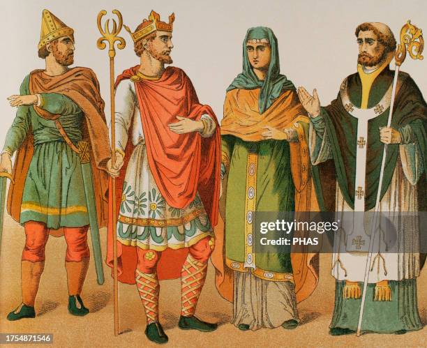 Anglo-Saxons . From left to right, 9: Military chief, 10: King , 11: Noblewoman , 12: Bishop . Chromolithography. "Historia Universal" , by Cesar...