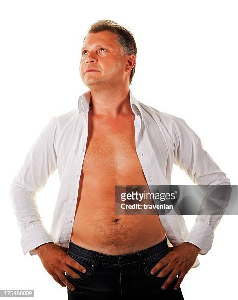handsome guy looking up - fully unbuttoned stockfoto's en -beelden