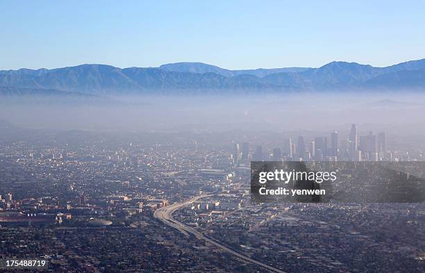 los angeles downtown aerial view - air pollution stock pictures, royalty-free photos & images