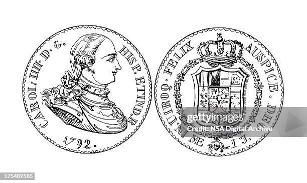 stockillustraties, clipart, cartoons en iconen met 18th-century spanish gold coin | historic illustrations - wapen insigne