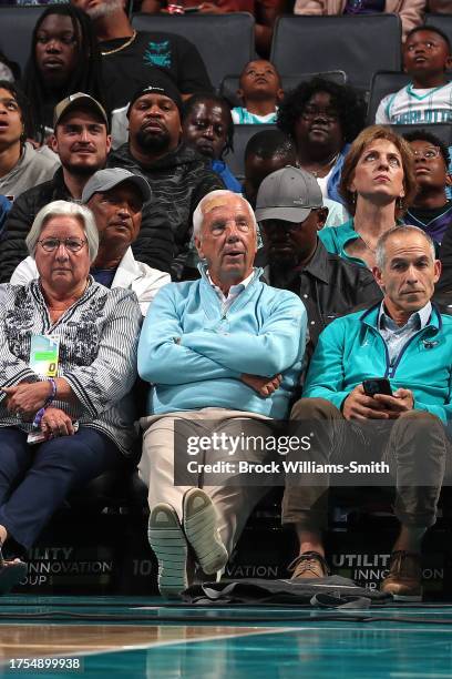 Former UNC Tar Heels Men's Basketball Head Coach Roy Williams attends the Charlotte Hornets game against the Brooklyn Nets on October 30, 2023 at...