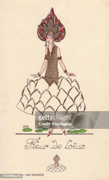Woman in fancy dress costume as a lotus flower, Fleur de lotus, with dress and hat in the form of the flower. Lithograph by unknown artist with...