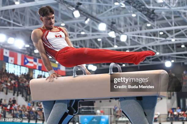 Jayson Rampersad of Team Canada competes in Artistic Gymnastics - Men's Pommel Horse Final at Parque Deportivo Estadio Nacional on day 4 of Santiago...