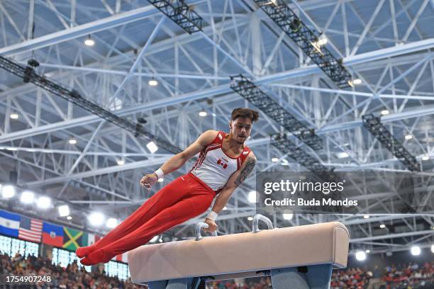 Jayson Rampersad of Team Canada competes in Artistic Gymnastics - Men's Pommel Horse Final at Parque Deportivo Estadio Nacional on day 4 of Santiago...