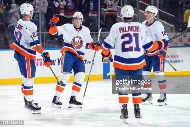 Noah Dobson of the New York Islanders is congratulated by his teammates after scoring a goal against the Detroit Red Wings during the third period at...