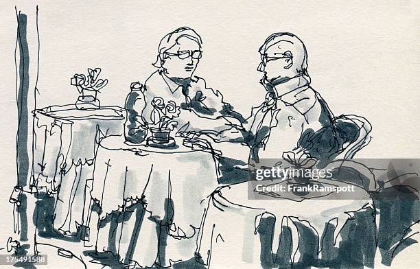 business meeting cafe ink sketch - milan cafe stock illustrations