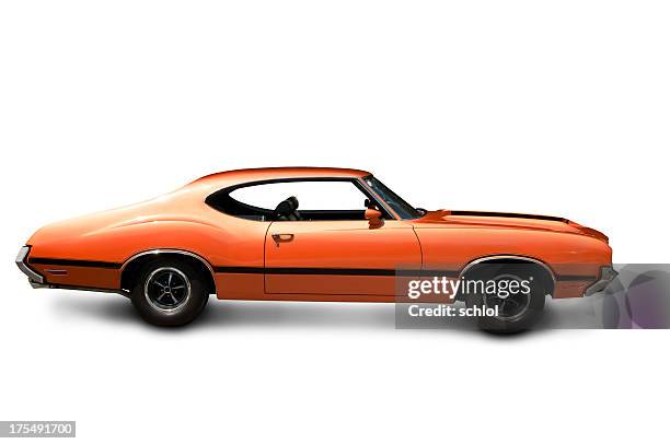 orange muscle car - side view - 1970s muscle cars stock pictures, royalty-free photos & images