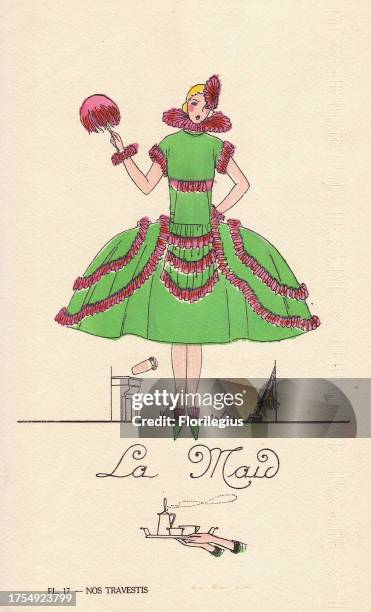 Woman in fancy dress costume as a maid, in green and purple dress holding a purple feather duster. Lithograph by unknown artist with pochoir stencil...