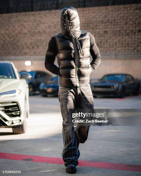 Luguentz Dort of the Oklahoma City Thunder arrives to the arena before the game against the Detroit Pistons on October 30, 2023 at Paycom Arena in...