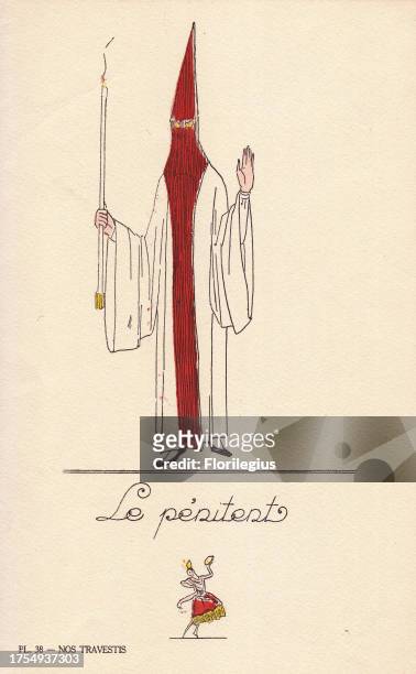 Woman in fancy dress costume as a penitent, in hooded robe in white and crimson holding a tall candle. Lithograph by unknown artist with pochoir...