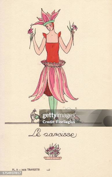 Woman in narcissus fancy dress costume with hat and skirt made of pink petals. Lithograph by unknown artist with pochoir stencil handcolouring from...