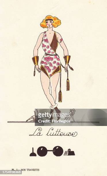The wrestler in costume with tassles and wrist bands. Lithograph by unknown artist with pochoir handcolouring from 'Nos Travestis' , Paris, 1928.