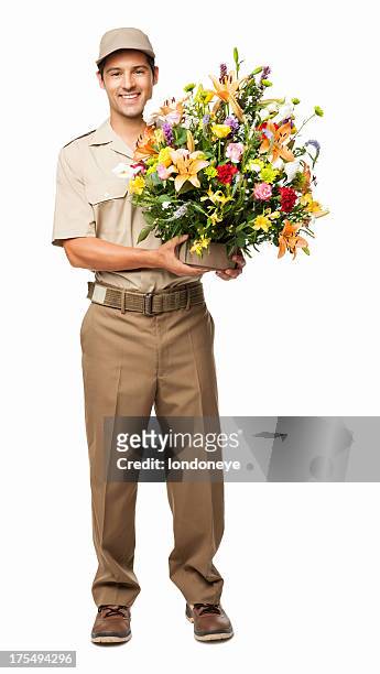 florist holding bouquet of flowers - isolated - delivery person on white stock pictures, royalty-free photos & images