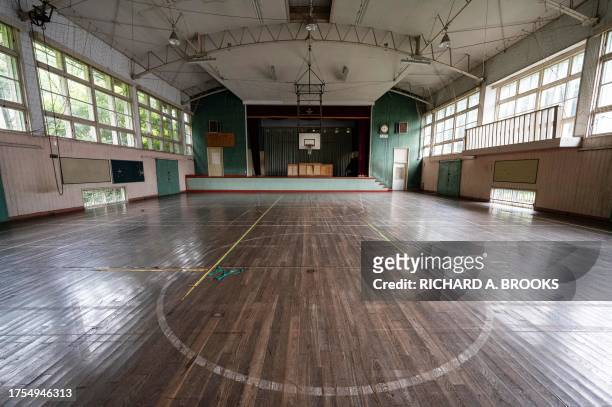 This photo taken on September 20, 2023 shows the gymnasium built in 1961, at the former Ashigakubo Elementary School in the town of Yokose, near...