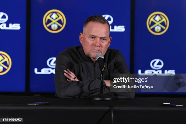 Denver Nuggets head coach Michael Malone speaks in a pre-game press conference before the game against the Los Angeles Lakers at Ball Arena on...