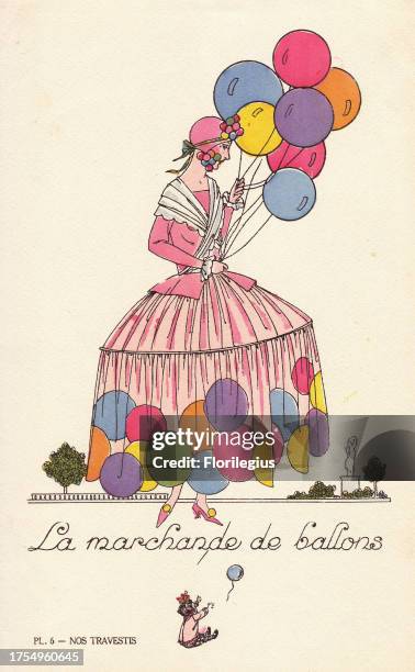 Woman in balloon-seller costume, la marchande de ballons, with hoop skirt decorated with balloons. Lithograph by unknown artist with pochoir stencil...